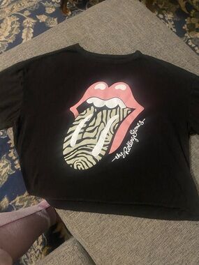 the Rolling Stones Black Crop Top with Pink Lips and Zebra-Print Tongue